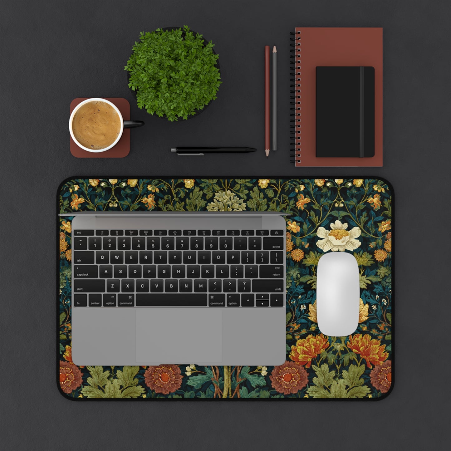 William Morris Style Floral Pattern Desk Mat | Botanical Vintage Flower Mouse Pad