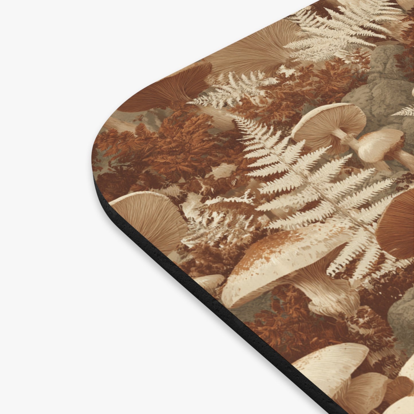 Brown Mushroom Fern Pattern Mouse Pad | Forest Fungi Desk Mat