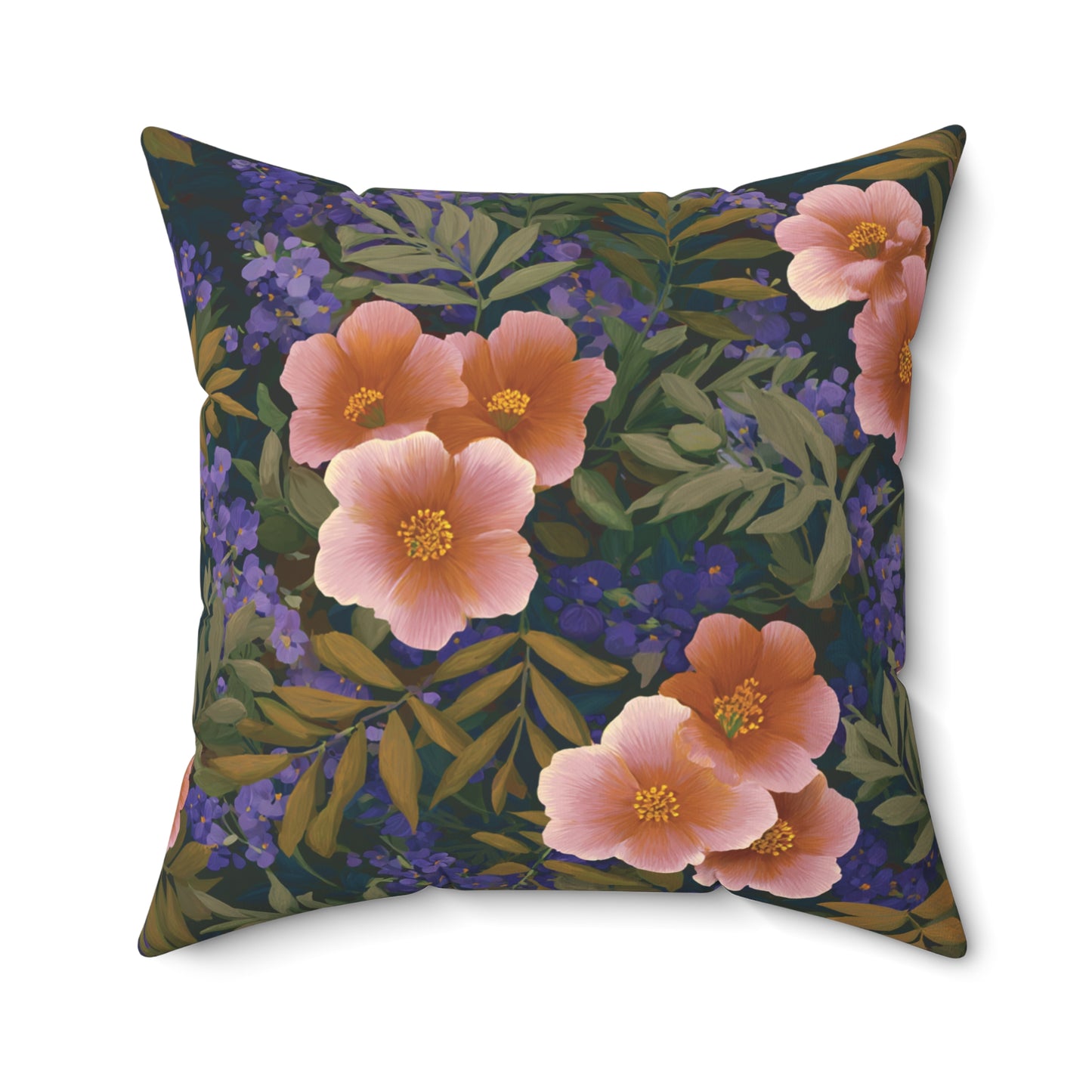 Peach Wildflower Pattern Pillow | Floral Botanical Throw Pillow, Dark Navy Background