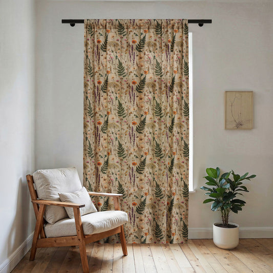 Botanical Fern and Wildflower Pressed Illustration Sheer Window Curtain | Floral Nature Pattern