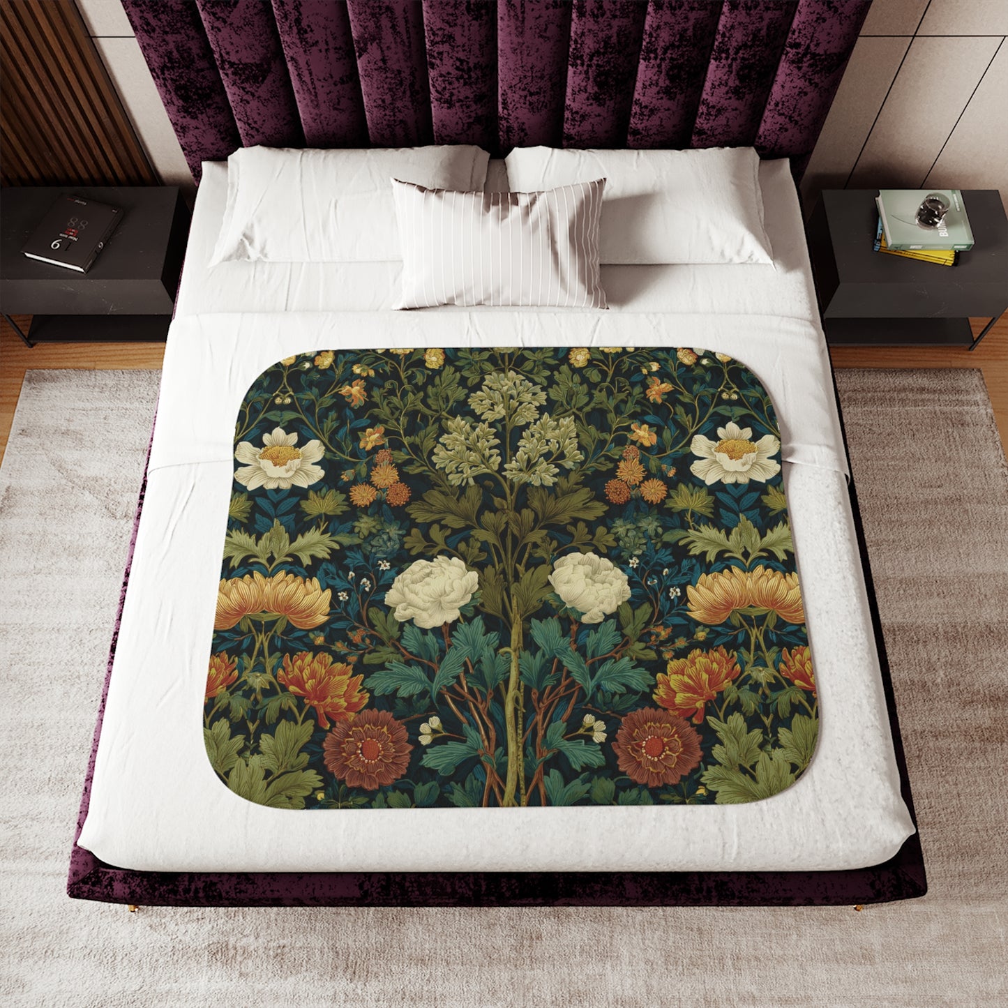 William Morris Style Floral Pattern Sherpa Blanket | Vintage Botanical Throw
