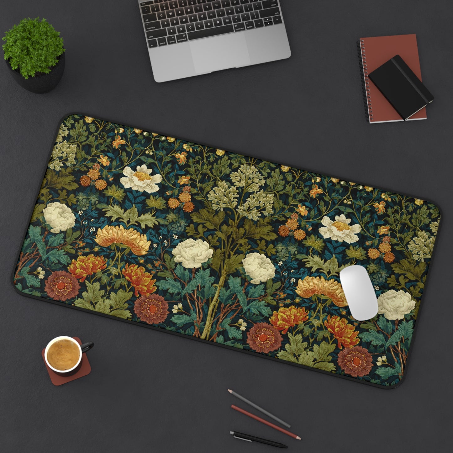 William Morris Style Floral Pattern Desk Mat | Botanical Vintage Flower Mouse Pad