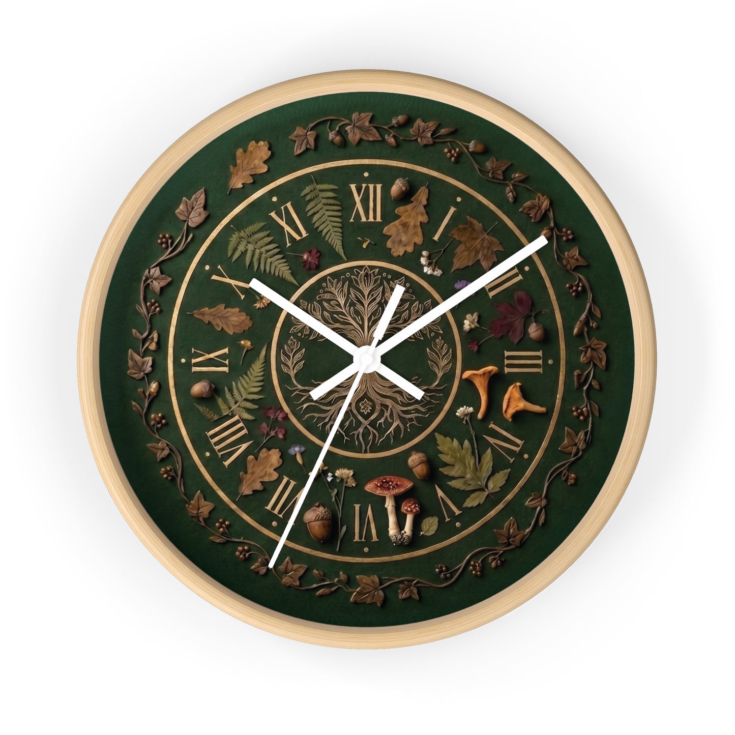 Woodland Tree of Life wall clock | Botanical, mushrooms, fern, roman numerals | Realistic Illustration | Witchy Nature