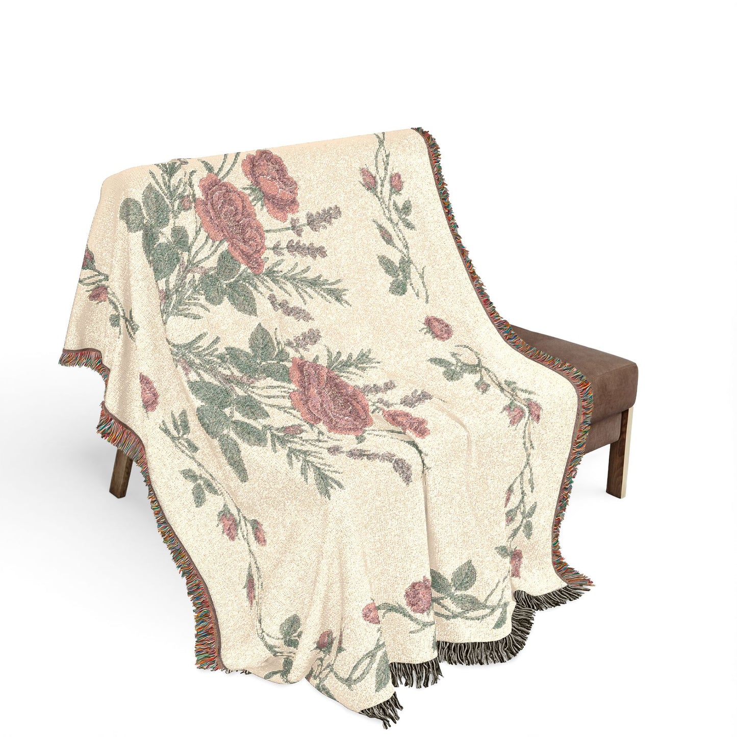 Vintage Rose Lavender Floral Woven Blanket | Tapestry Throw, Floral Fringe