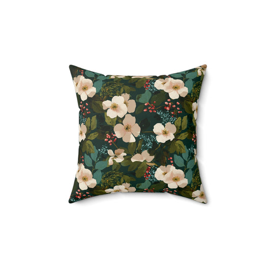 Cream Floral Pattern Pillow | Dark Green Botanical Throw Pillow