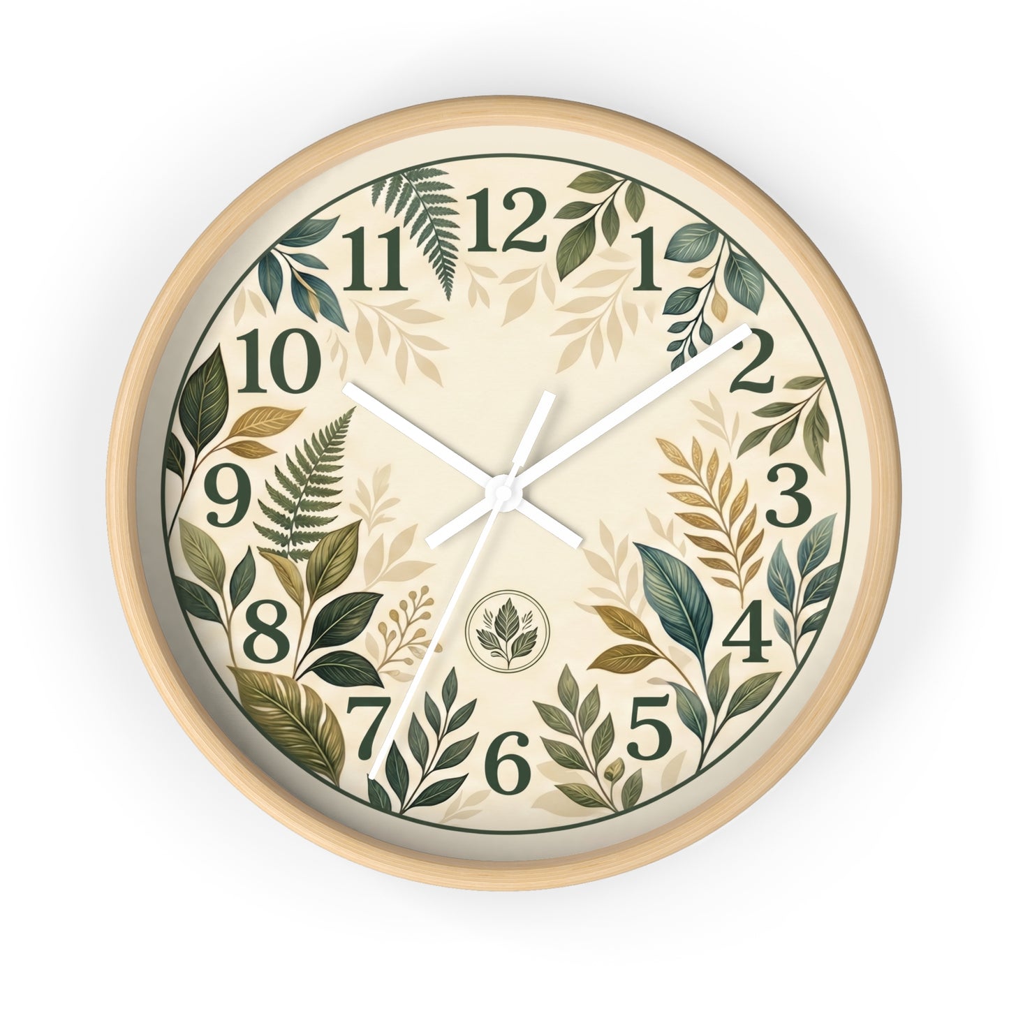 Botanical Leaves Wall Clock | Green Foliage Numbers, Neutral Rustic Decor