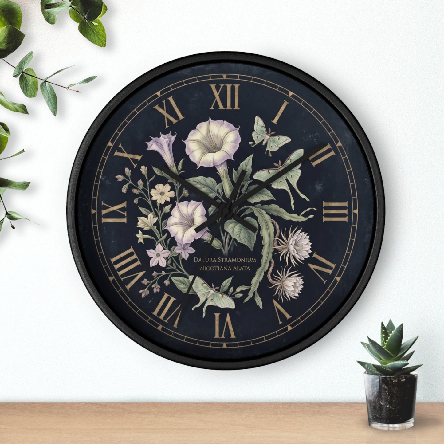 Datura Stramonium Illustration  Wall Clock | Vintage Botanical Floral, Roman Numerals, Dark Background