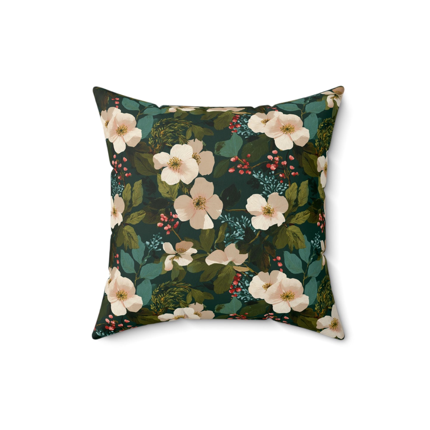 Cream Floral Pattern Pillow | Dark Green Botanical Throw Pillow
