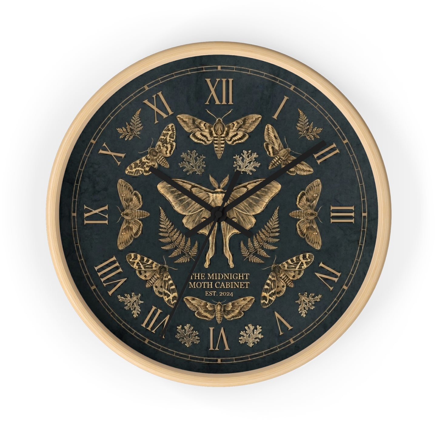 Midnight Moth Illustration Wall Clock | Vintage Moth Pattern, Roman Numerals