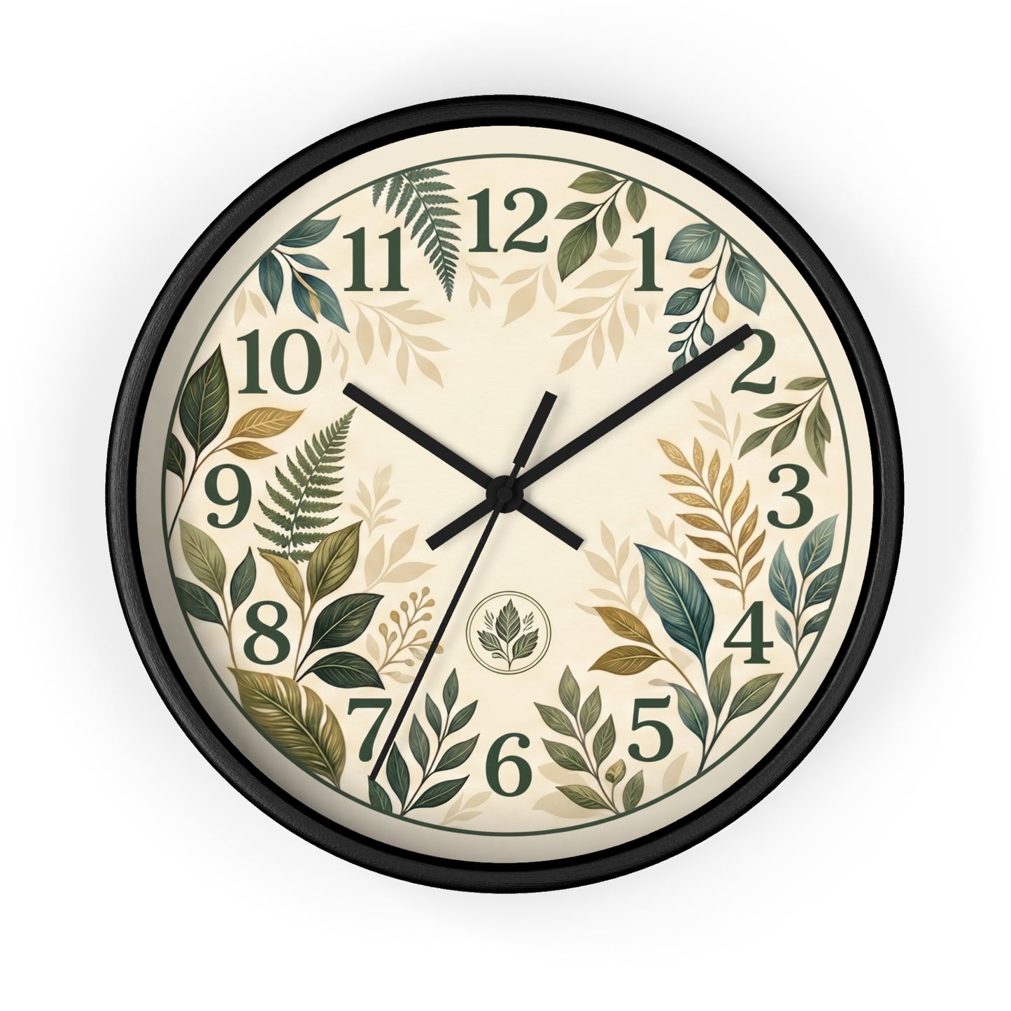 Botanical Leaves Wall Clock | Green Foliage Numbers, Neutral Rustic Decor