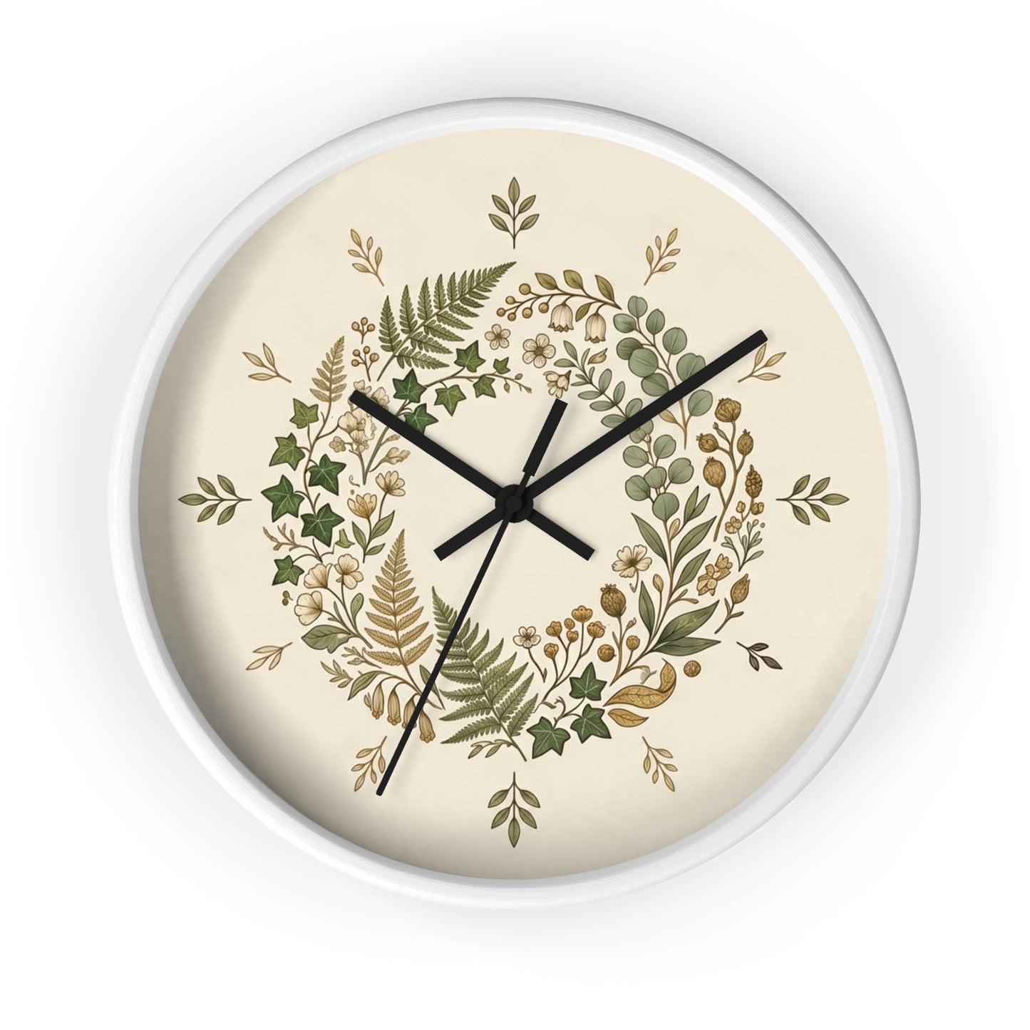 Botanical Wreath Wall Clock | Neutral Fern Floral Clock