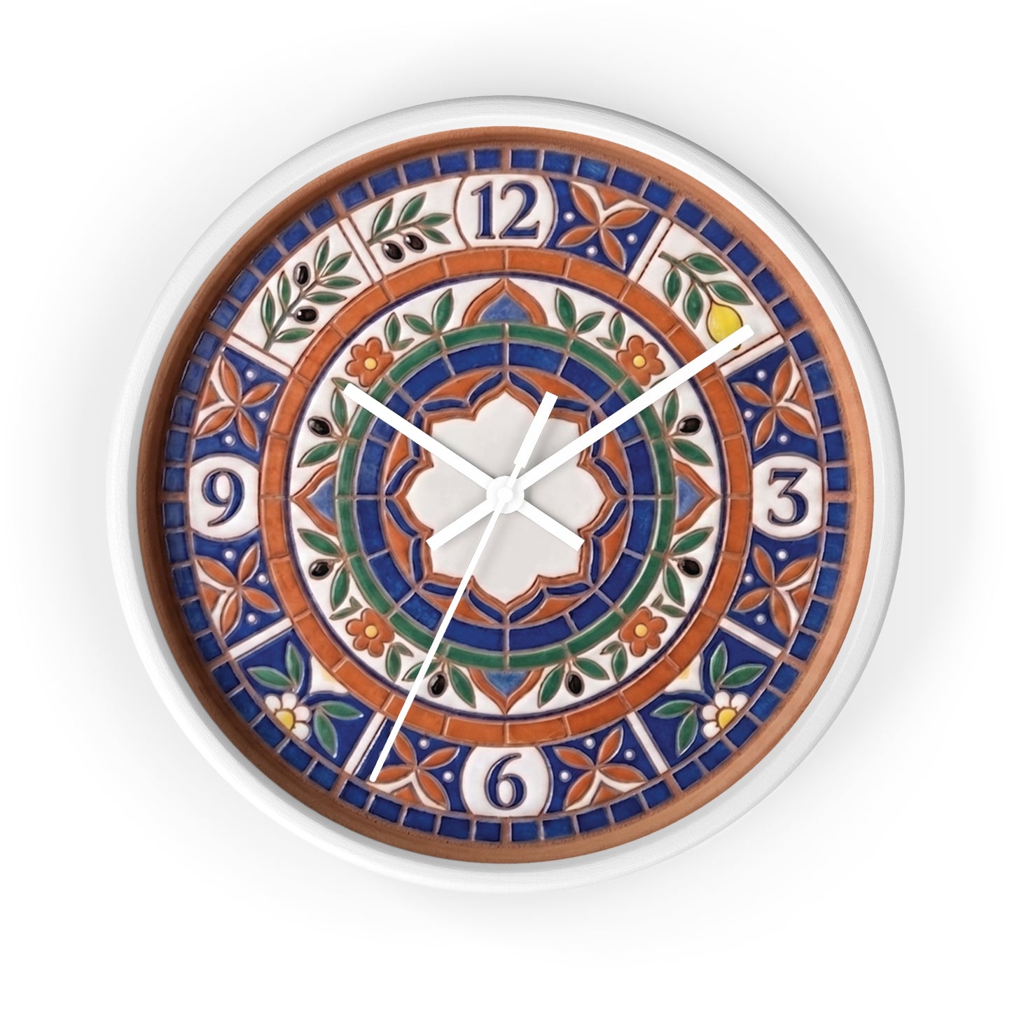 Mediterranean Mosaic Style Wall Clock - Terracotta Azure Blue Floral Faux Tile Botanical Decor