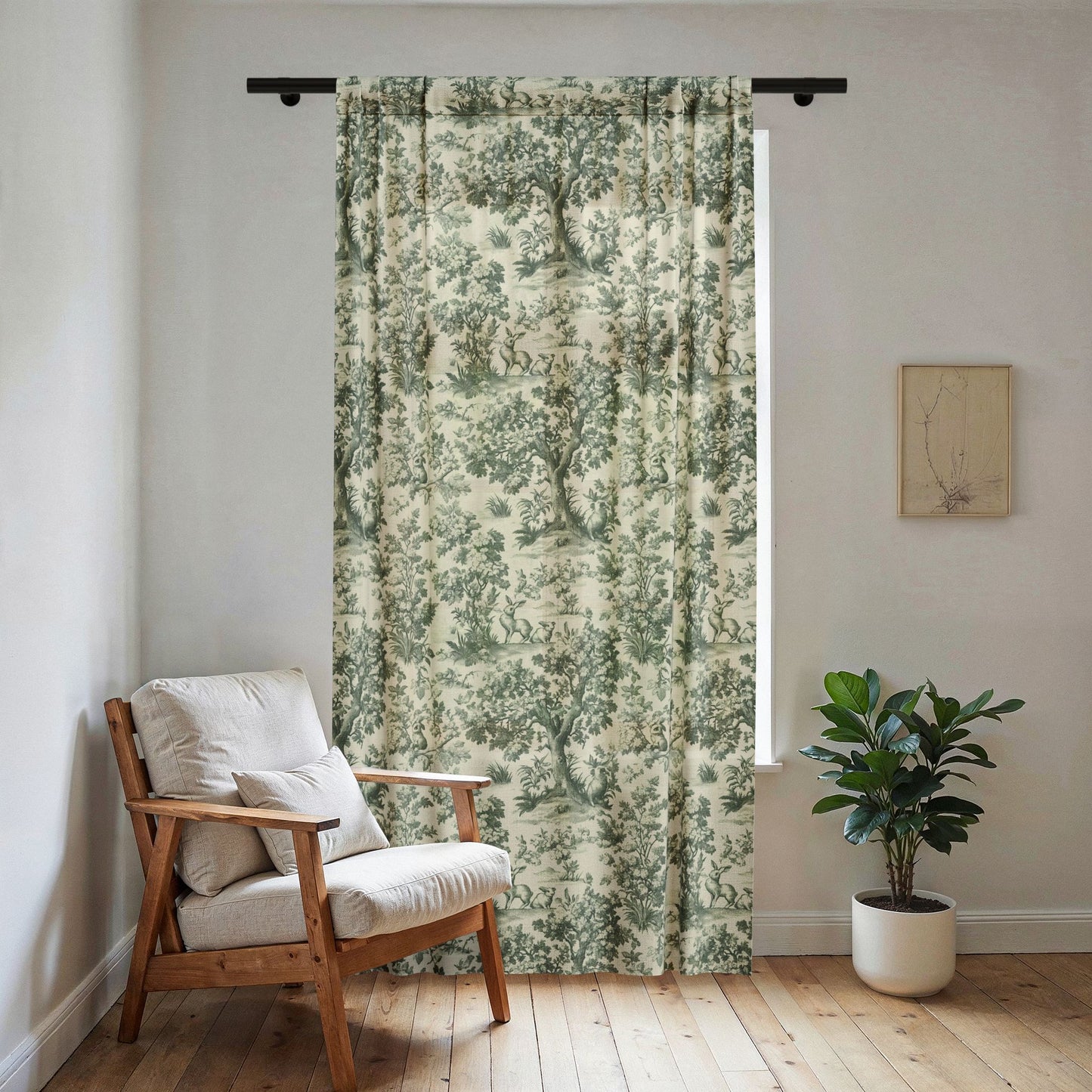 Vintage Green Toile de Jouy Tree Sheer Curtain | Cottage Window Panel