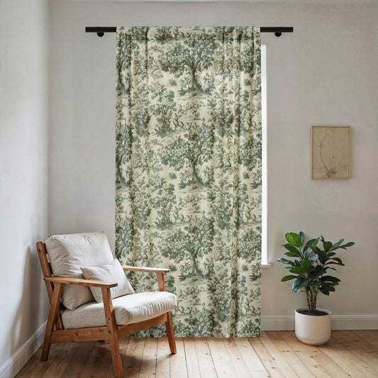Vintage Green Toile de Jouy Tree Sheer Curtain | Cottage Window Panel