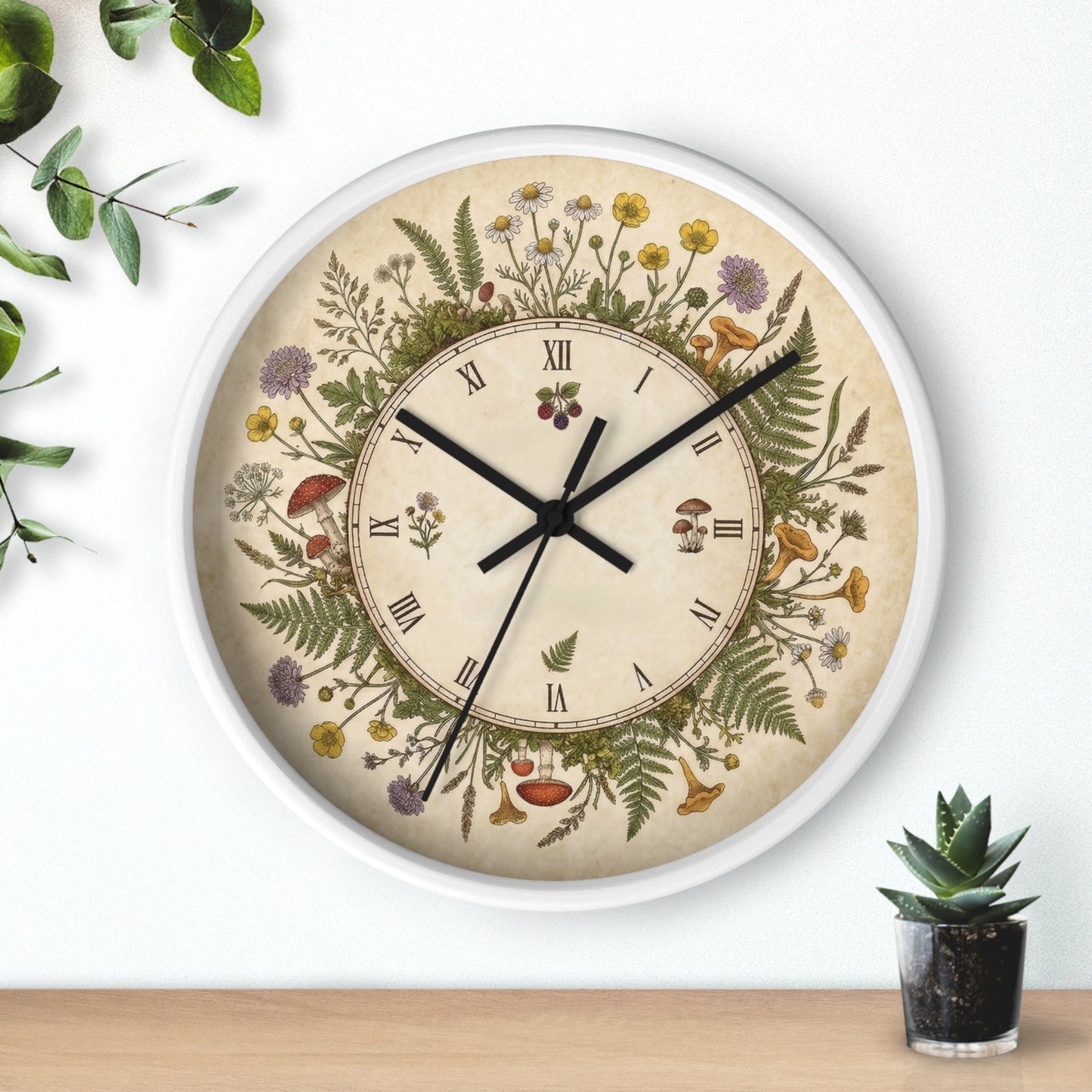 Vintage Botanical Wreath Wall Clock | Floral Ferns, Mushrooms, Roman Numerals