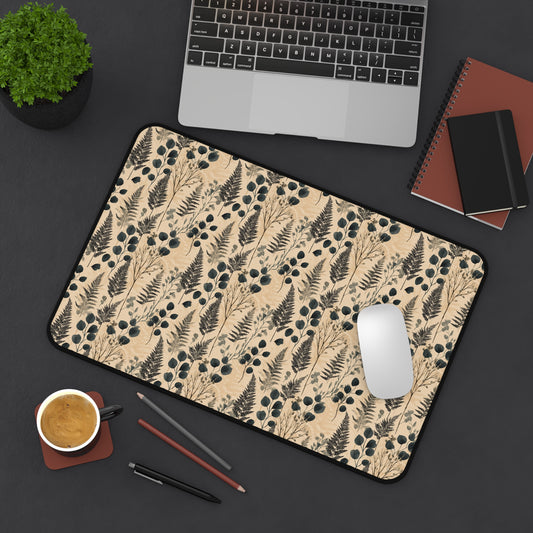Botanical Fern and Berries Desk Mat | Neutral Floral Pattern
