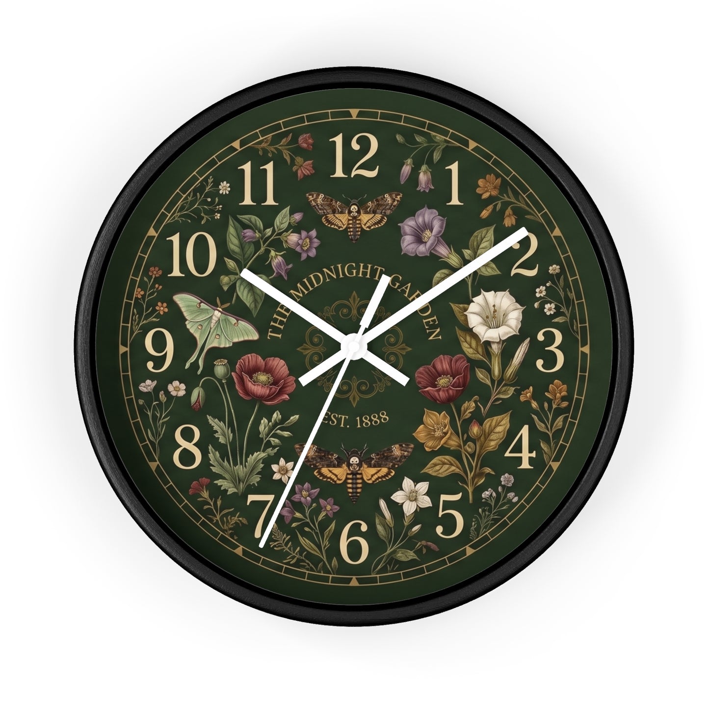 Vintage Floral Garden Clock | Botanical Wall Clock, Dark Green Floral Design