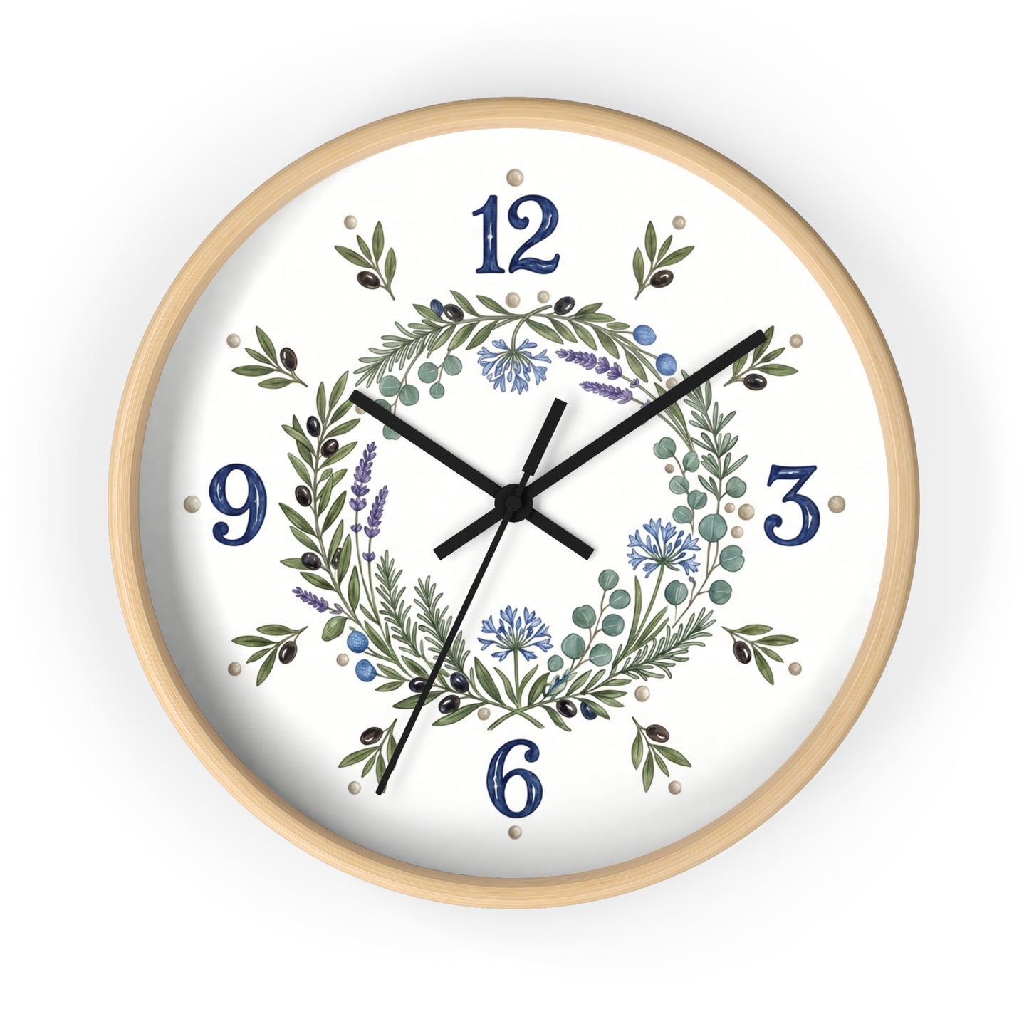 Botanical Wreath Wall Clock | Floral Laurel Timepiece, Blue Numbers