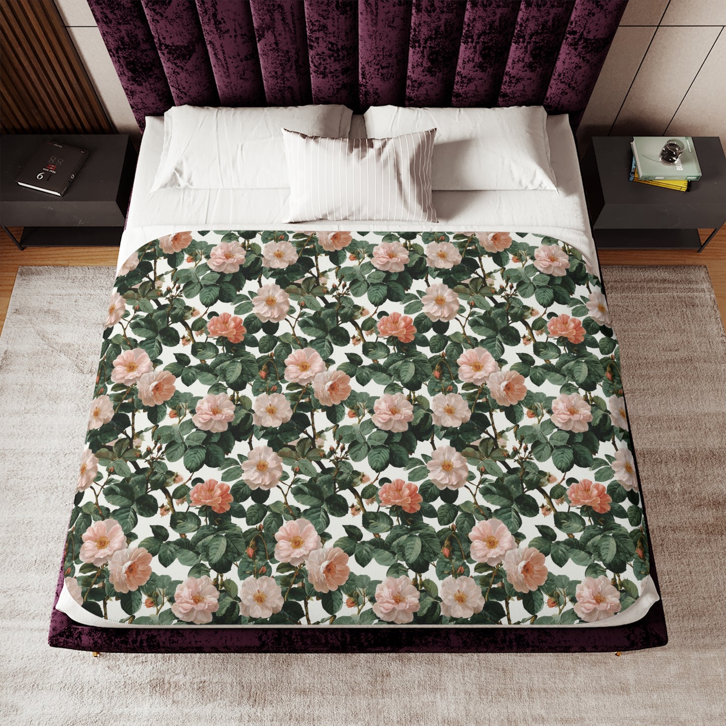 Roses Blossom Floral Sherpa Blanket | Green Leaves, Cozy Reversible Throw