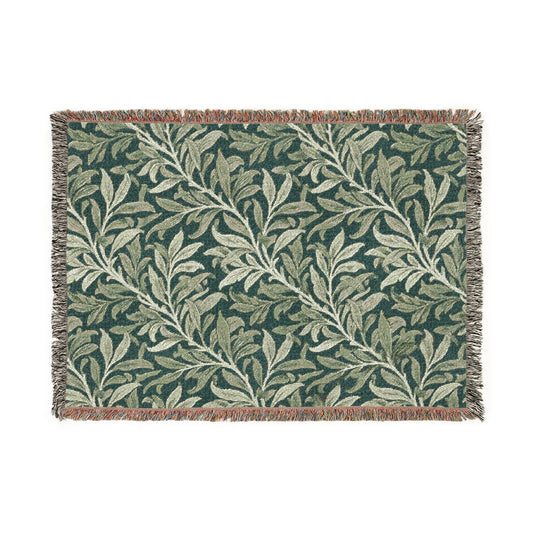 Olive Leaf Pattern Woven Blanket | Botanical Throw, Tapestry Fringe
