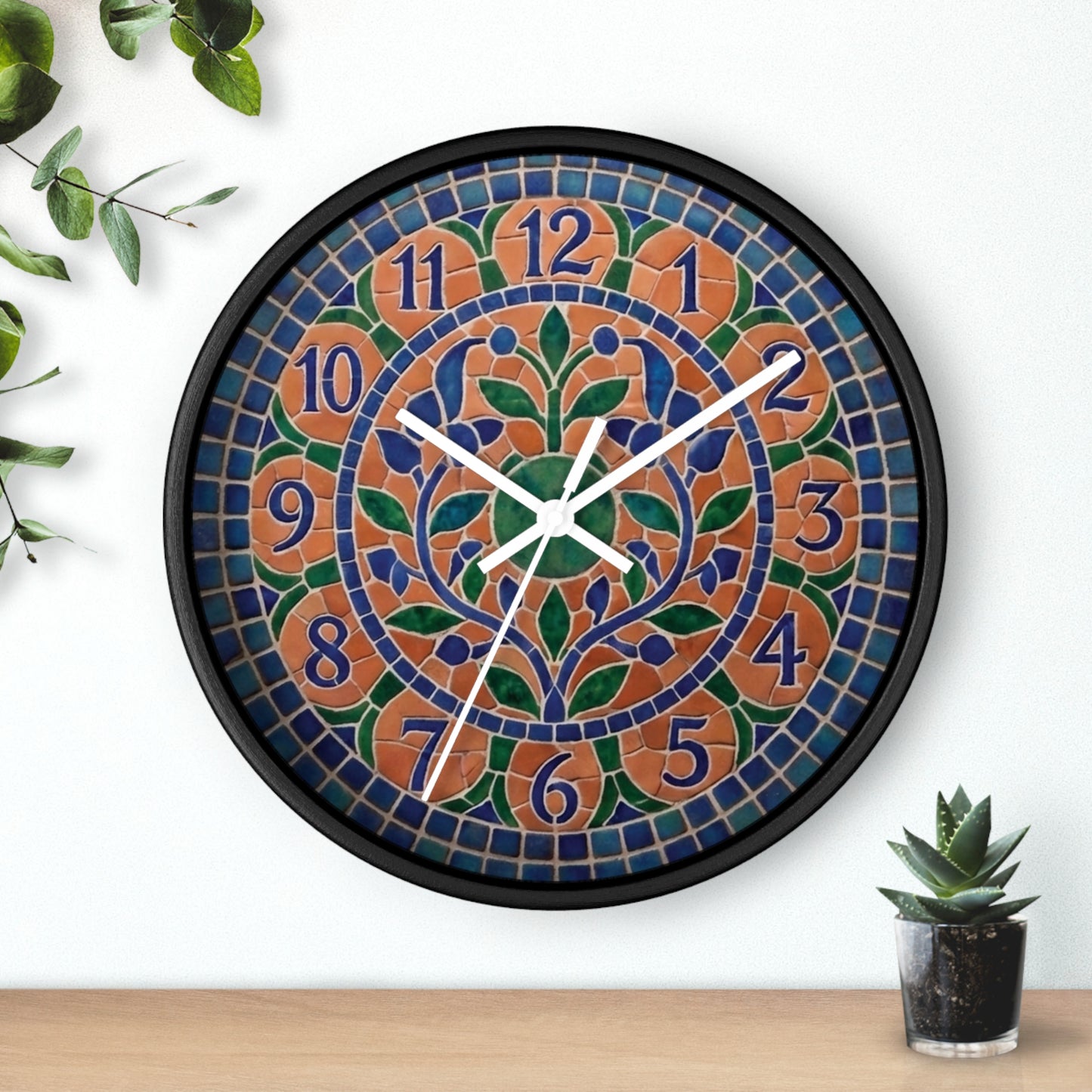 Mosaic Style Wall Clock - Terracotta Azure Blue Floral Print, Mediterranean Botany Decor