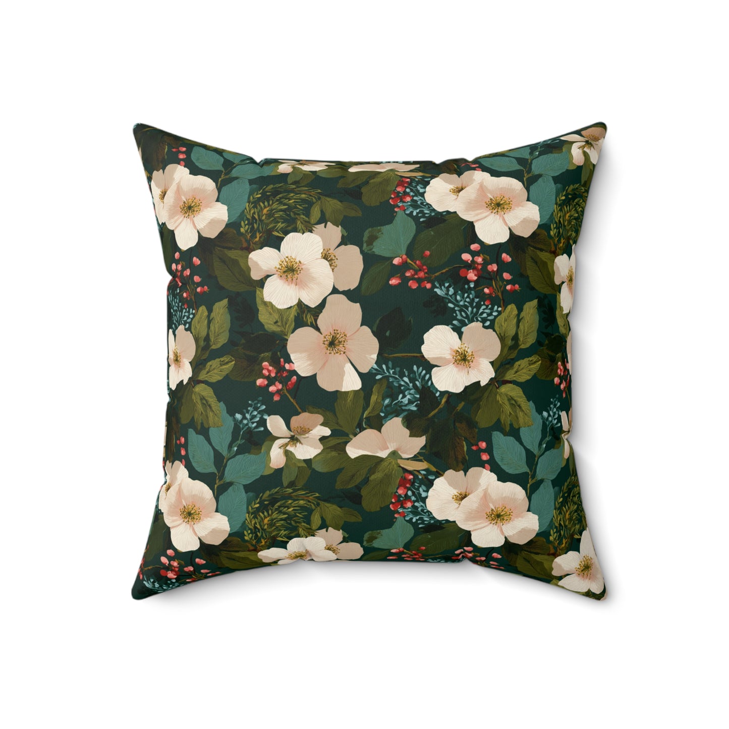 Cream Floral Pattern Pillow | Dark Green Botanical Throw Pillow
