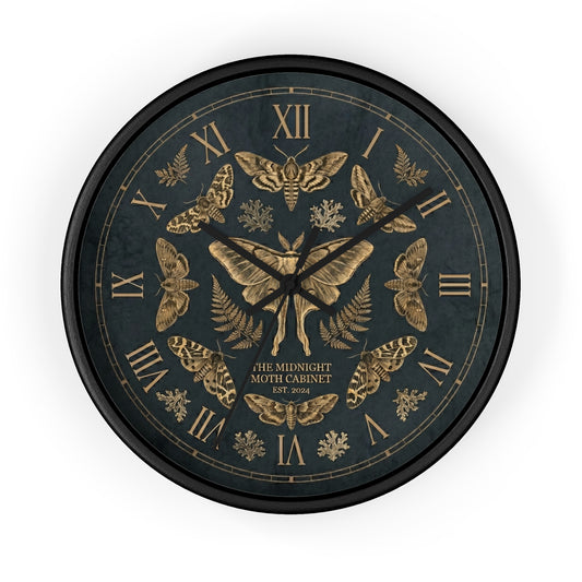Midnight Moth Illustration Wall Clock | Vintage Moth Pattern, Roman Numerals