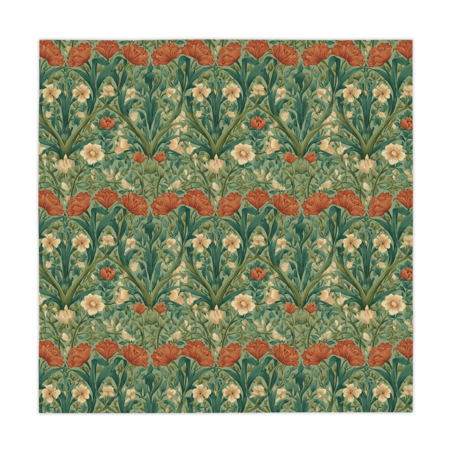 Vintage William Morris Style Floral Pattern Tablecloth | Green Poppy & Iris Design