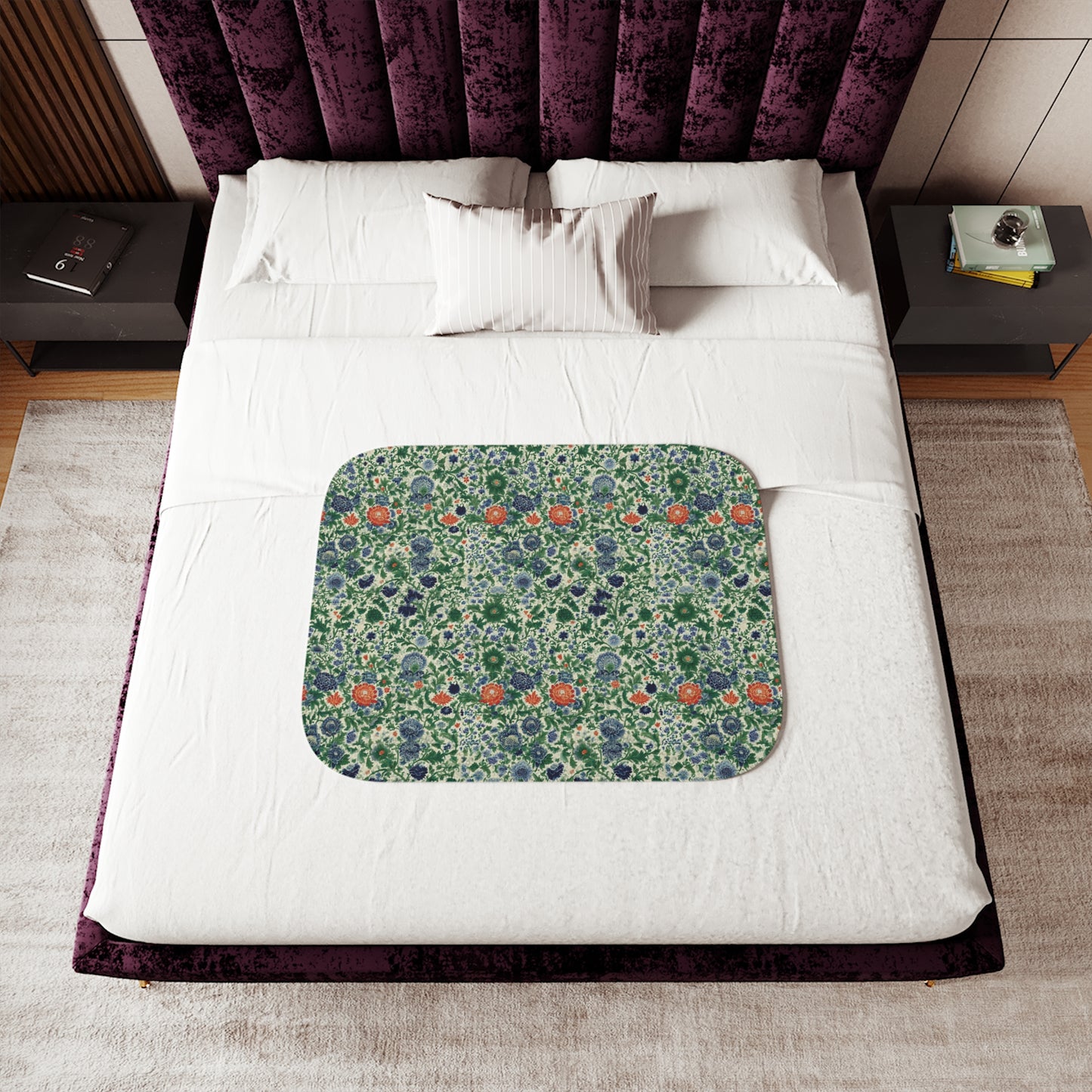 Floral Botanical Pattern Sherpa Blanket | Green Orange Vintage Garden
