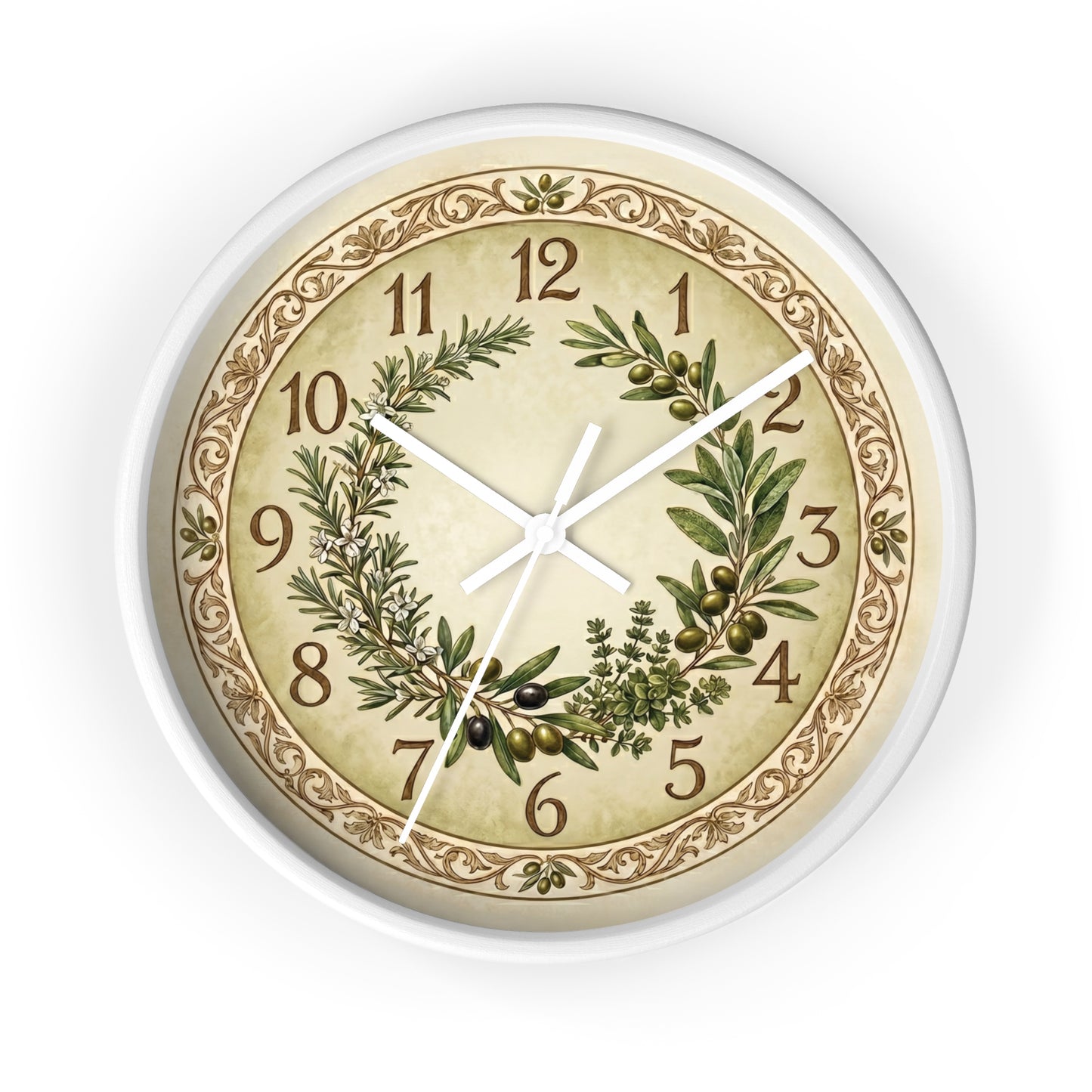Herb Wreath Wall Clock | Olive & Rosemary Kitchen Clock, Rustic Botanical Decor