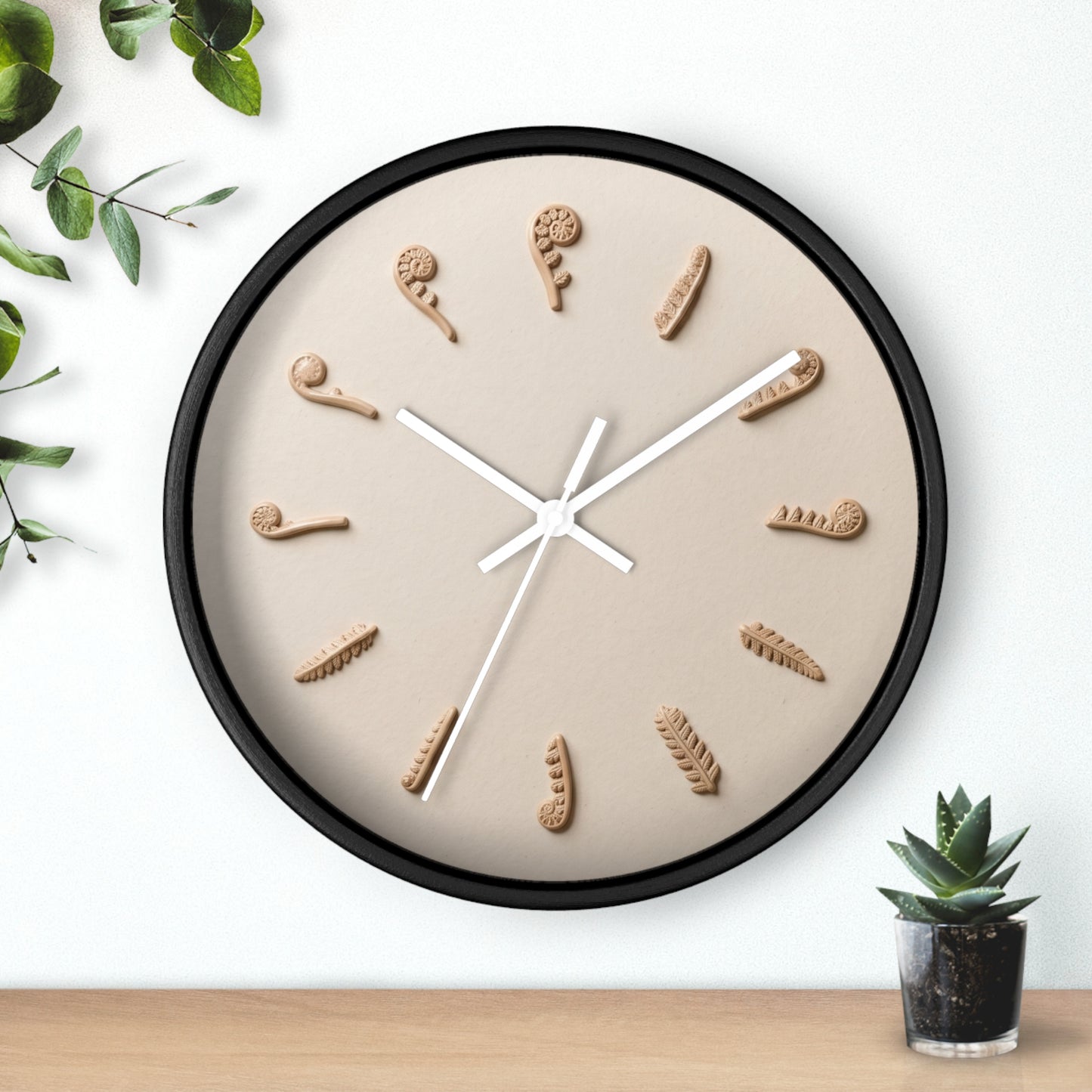Clay Fern Motif Wall Clock | Minimal Botanical Timepiece