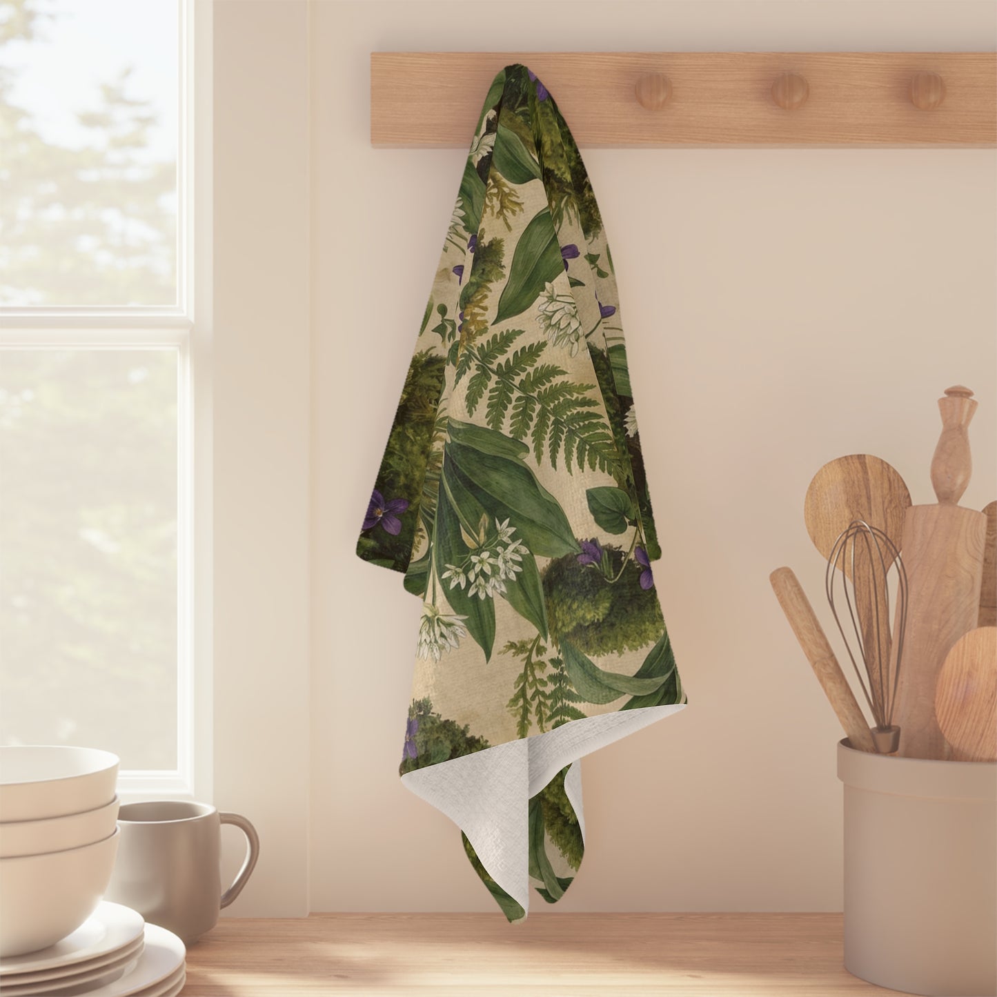 Vintage Fern and Violet Botanical Microfiber Tea Towel | Floral Kitchen Towel