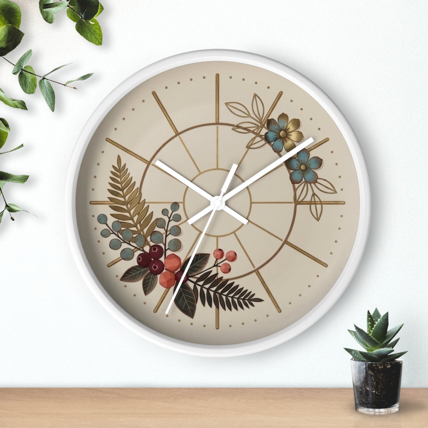 Botanical Floral Clock Wall Clock | Neutral Beige Flower Fern Design