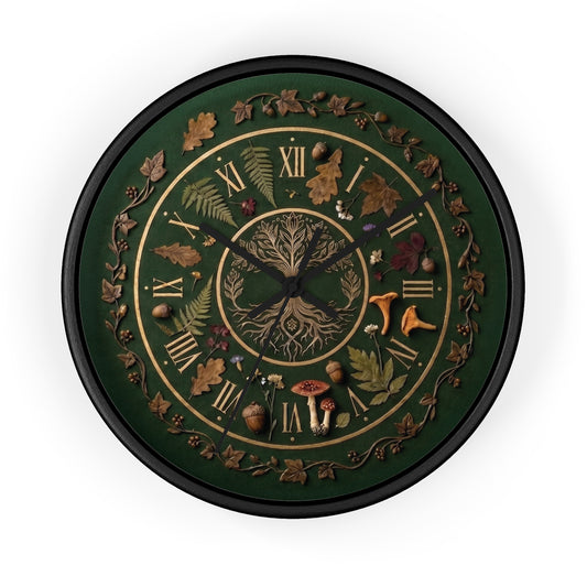 Woodland Tree of Life wall clock | Botanical, mushrooms, fern, roman numerals | Realistic Illustration | Witchy Nature
