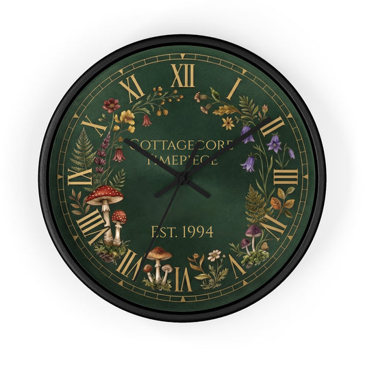 Mushroom Floral Wreath Customizable Wall Clock | Cottagecore Vintage Roman Numerals
