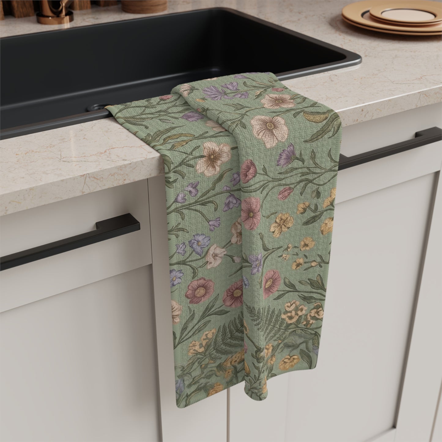 Vintage Wildflower Pattern Microfiber Tea Towel | Botanical Floral Kitchen Linen