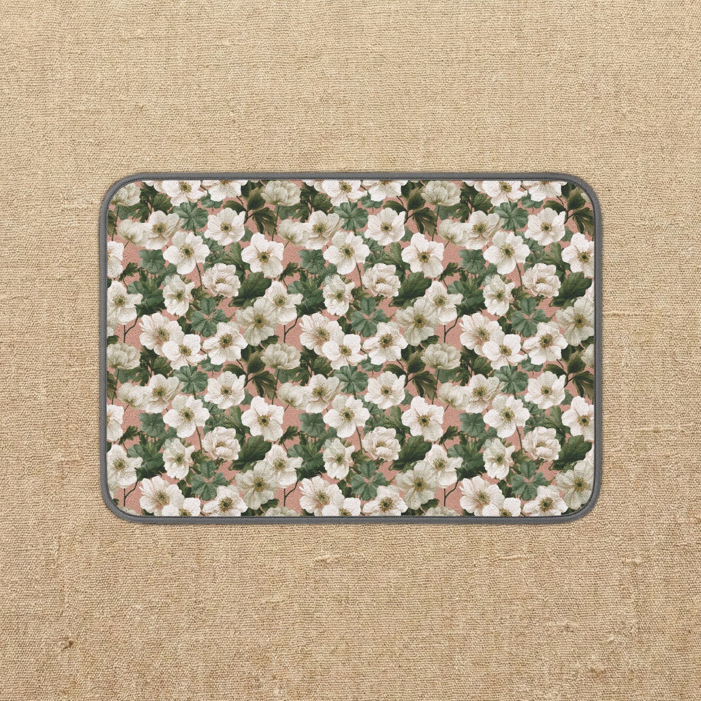 White Anemone Floral Pattern Microfiber Dish Mat | Blossom Kitchen Mat