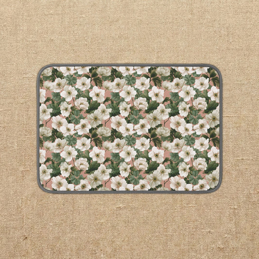 White Anemone Floral Pattern Microfiber Dish Mat | Blossom Kitchen Mat