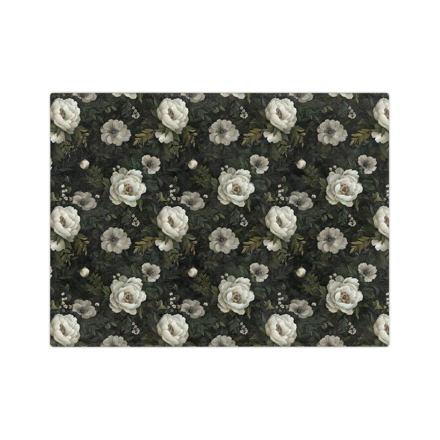 Vintage White Rose Floral Velveteen Microfiber Blanket | Dark Botanical Pattern