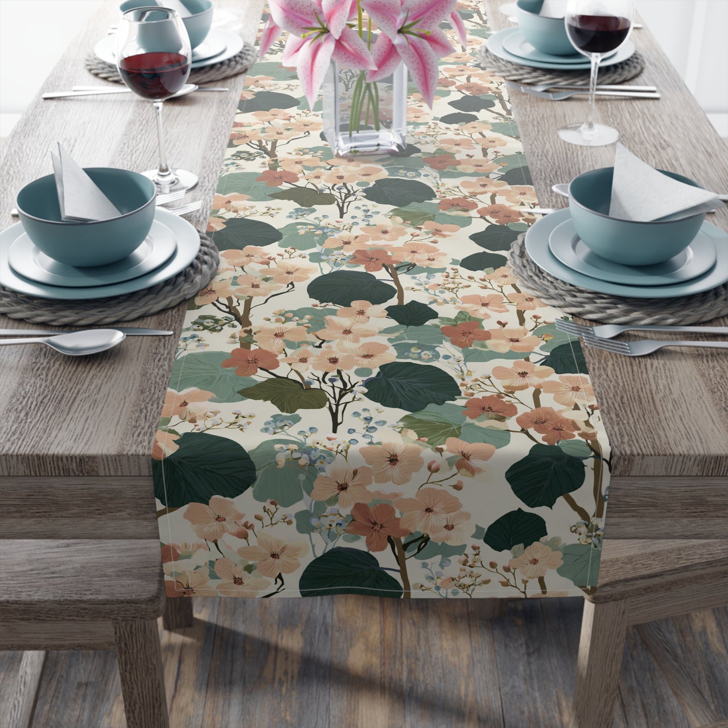 Vintage Floral Pattern Table Runner | Green Peach Cotton-Poly Blend