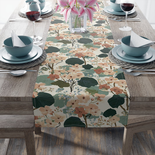 Vintage Floral Pattern Table Runner | Green Peach Cotton-Poly Blend