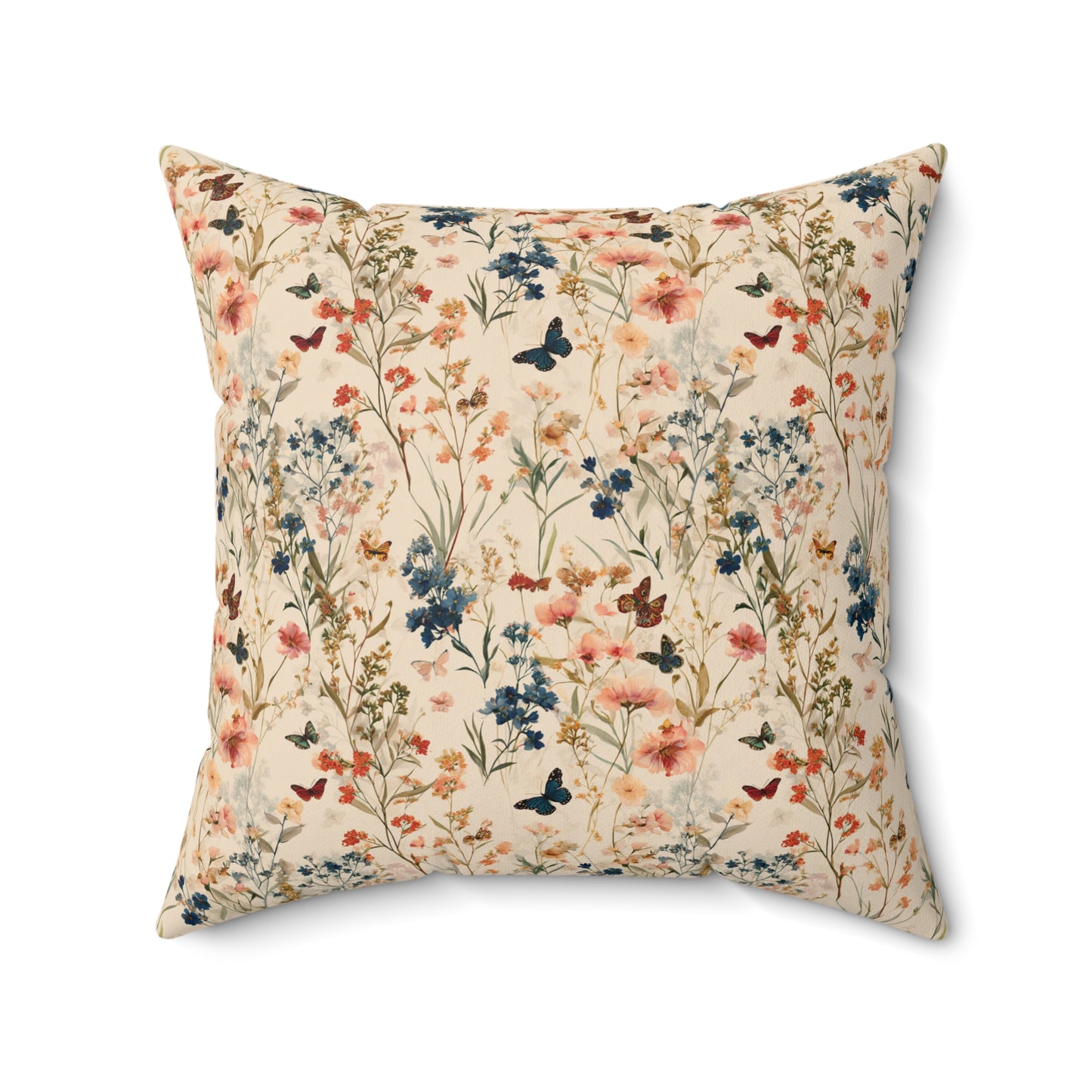 Vintage Wildflower and Butterfly Spun Polyester Square Pillow | Floral Throw Cushion