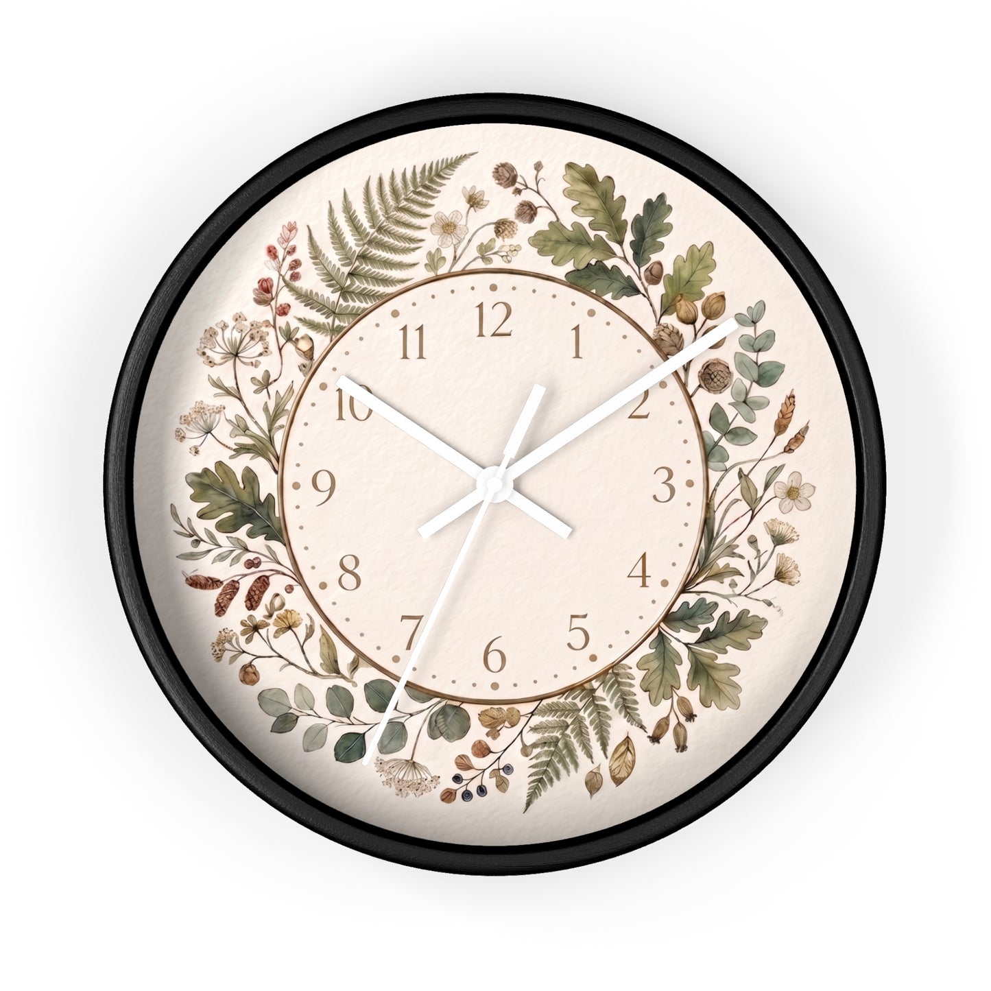 Botanical Wreath Wall Clock | Floral Foliage Illustration Clock, Neutral Nature Home Decor