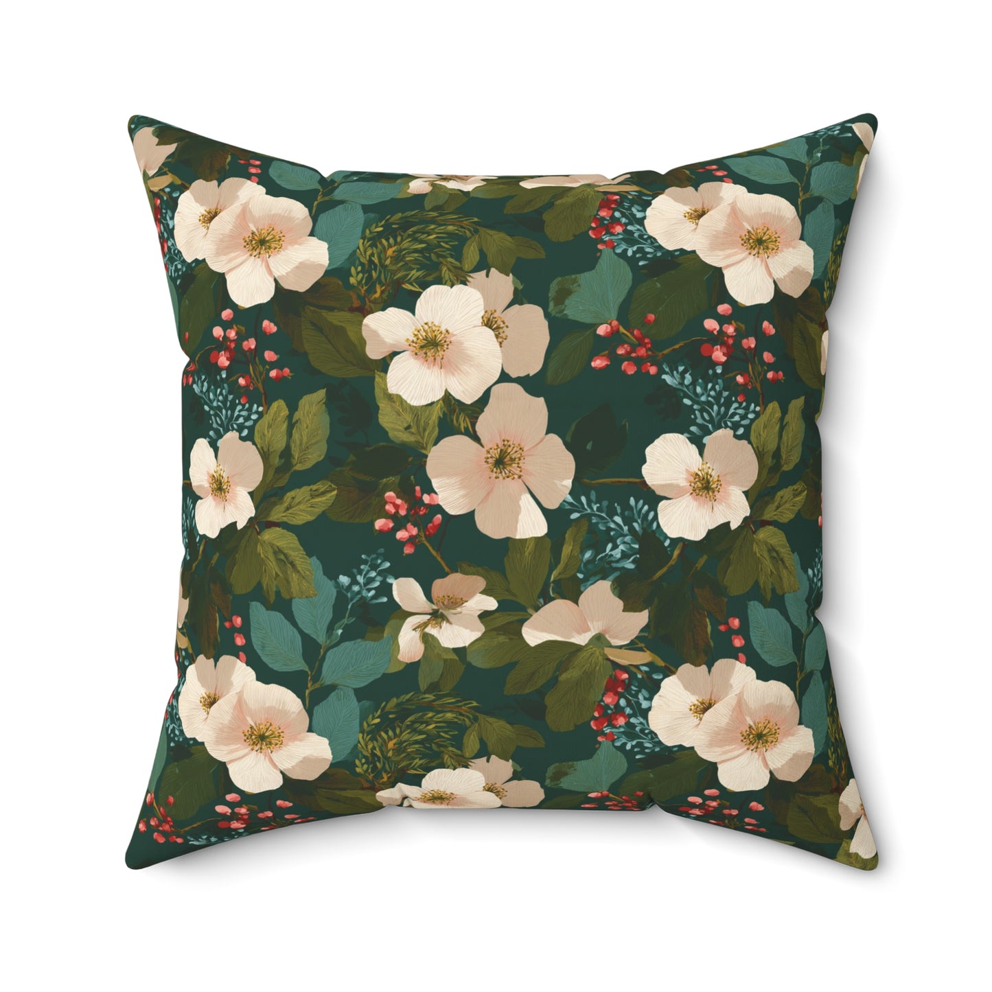 Cream Floral Pattern Pillow | Dark Green Botanical Throw Pillow