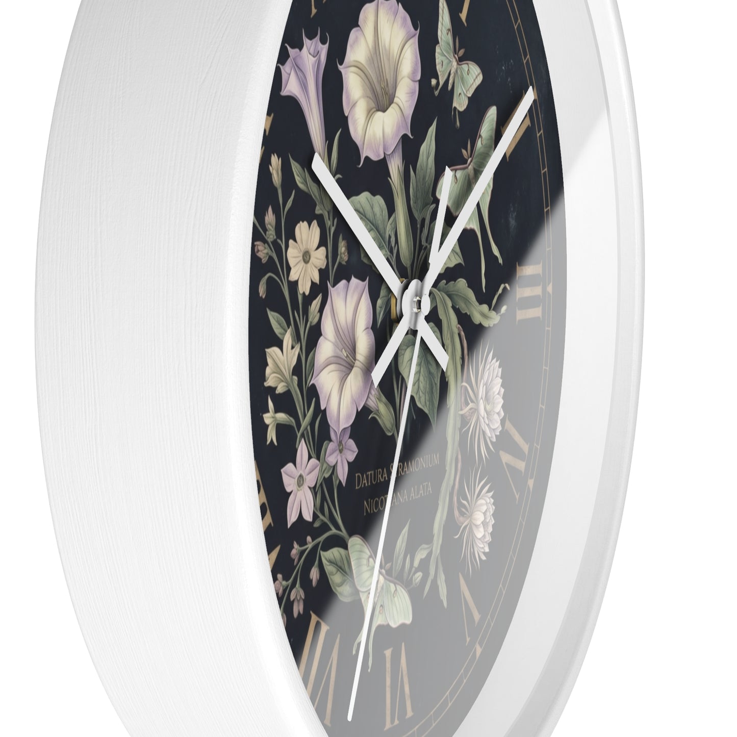 Datura Stramonium Illustration  Wall Clock | Vintage Botanical Floral, Roman Numerals, Dark Background