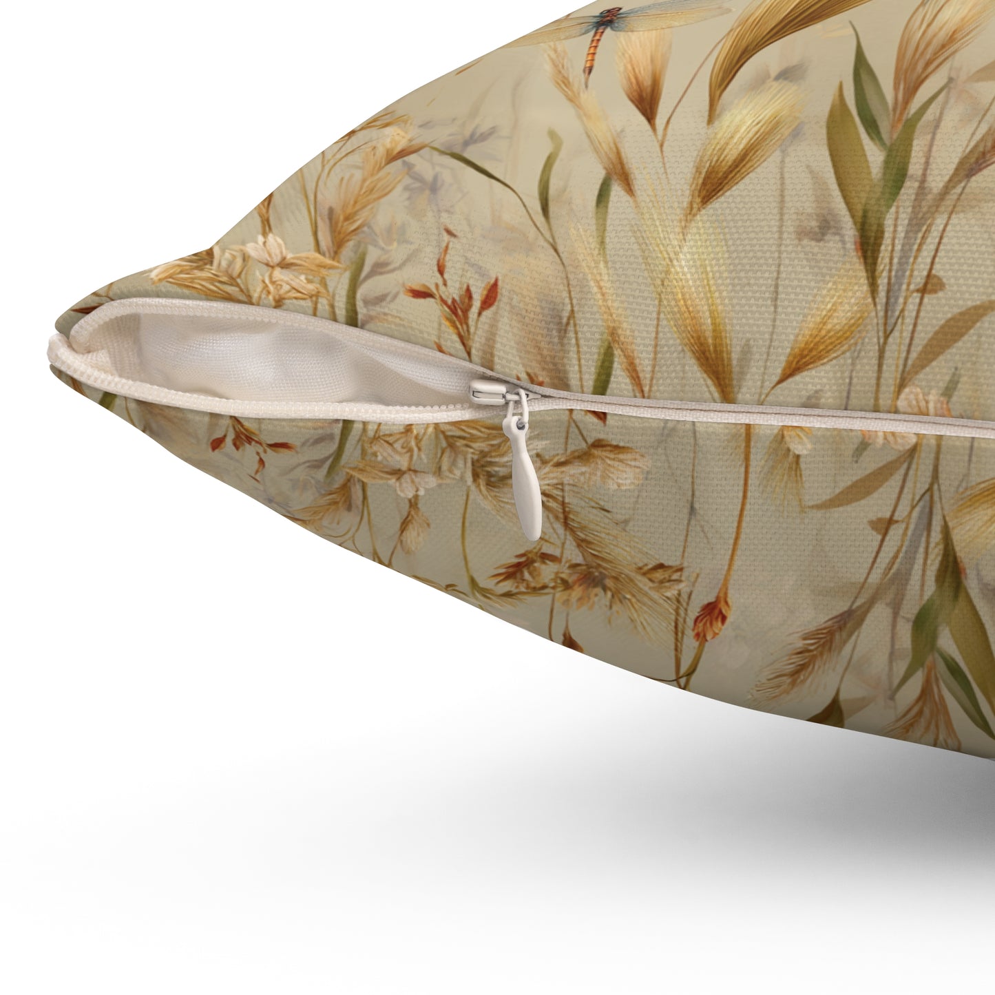 Neutral Botanical Print Pillow | Dried Wildflower Dragonfly Pattern, Square Throw Pillow