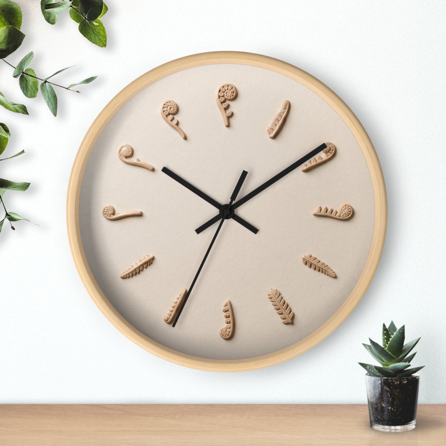 Clay Fern Motif Wall Clock | Minimal Botanical Timepiece