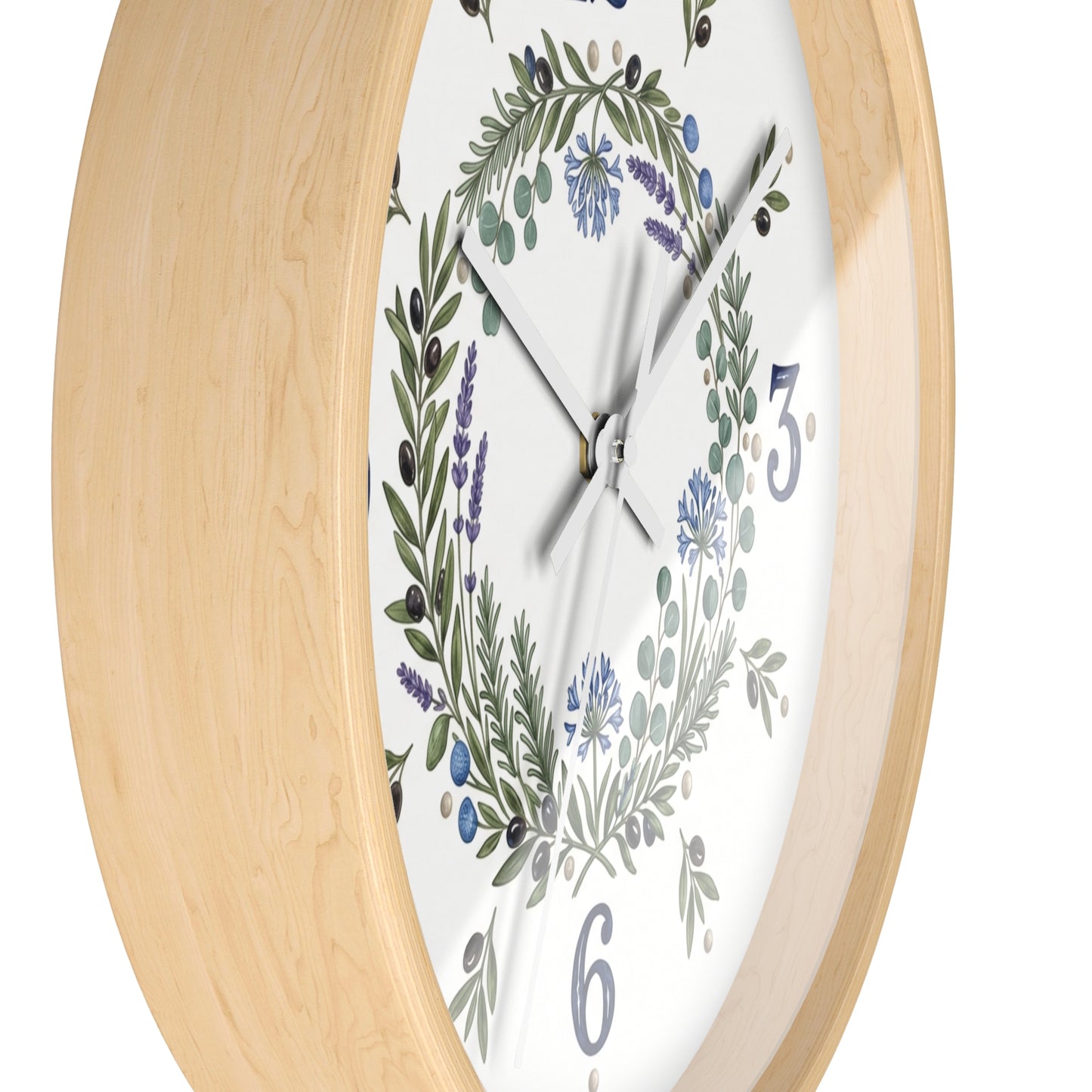 Botanical Wreath Wall Clock | Floral Laurel Timepiece, Blue Numbers