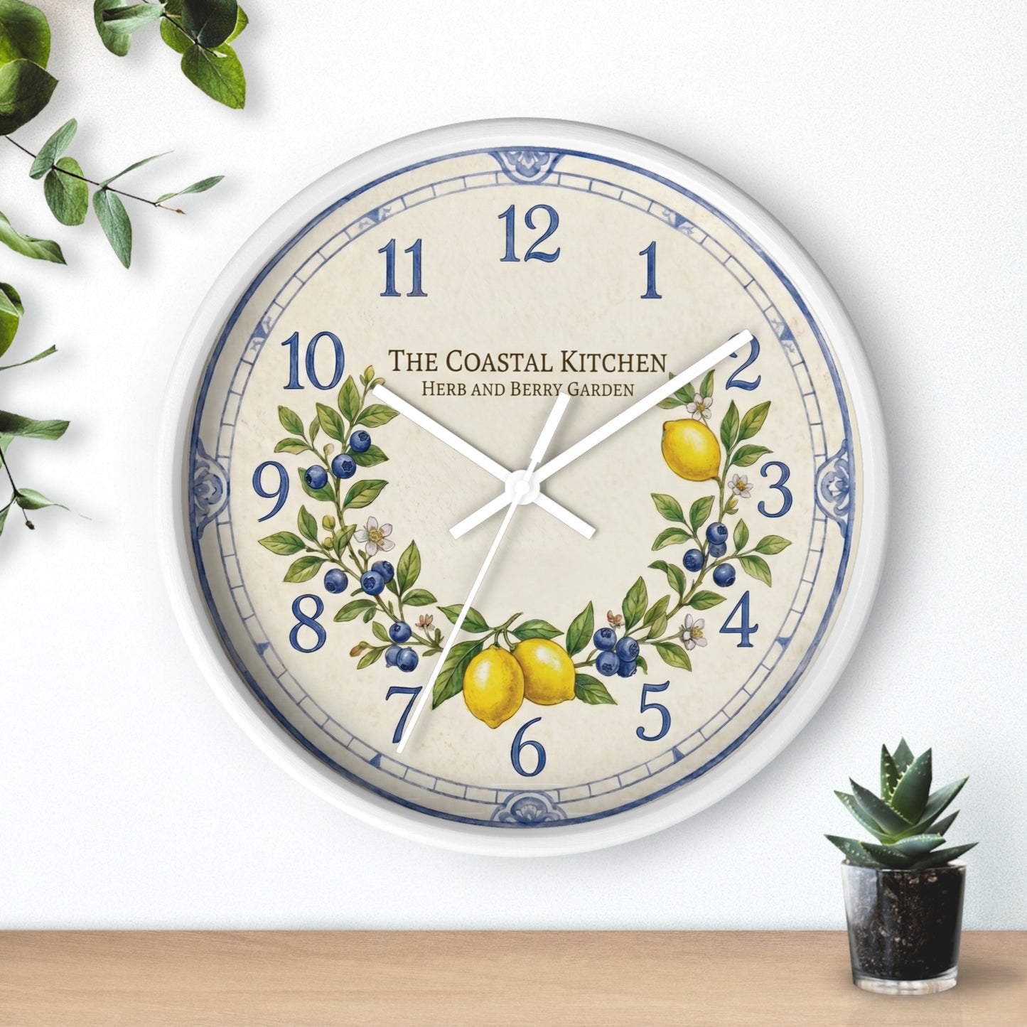Lemon & Blueberry Wreath Wall Clock | Coastal Kitchen Herb Garden