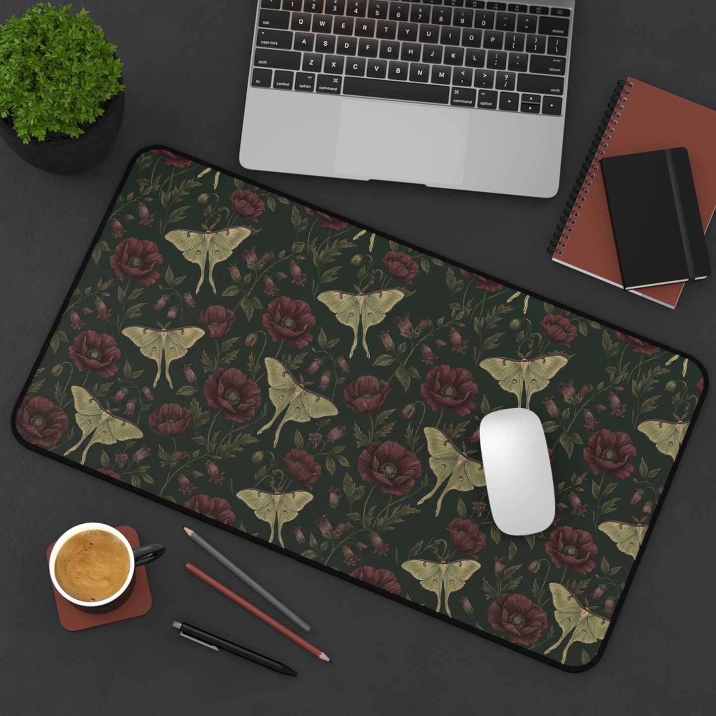 Vintage Moth and Roses Desk Mat | Dark Floral Mousepad Mat